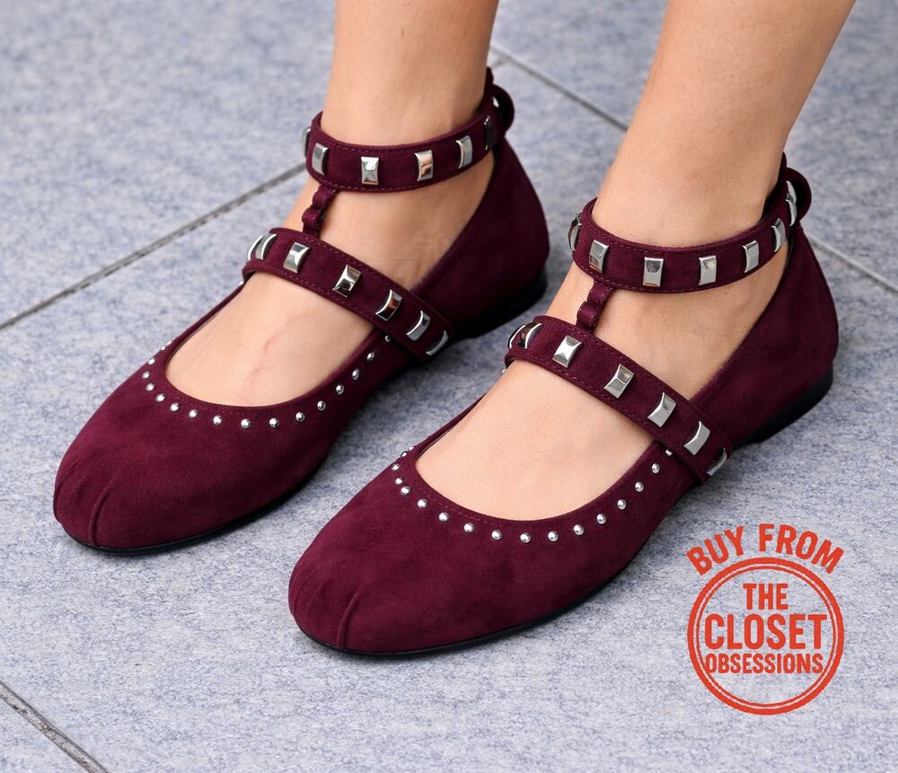 ZARA Studded Ballet Flats NWT Burgundy Suede Buckle Mary Jane Shoes 7.5 8
